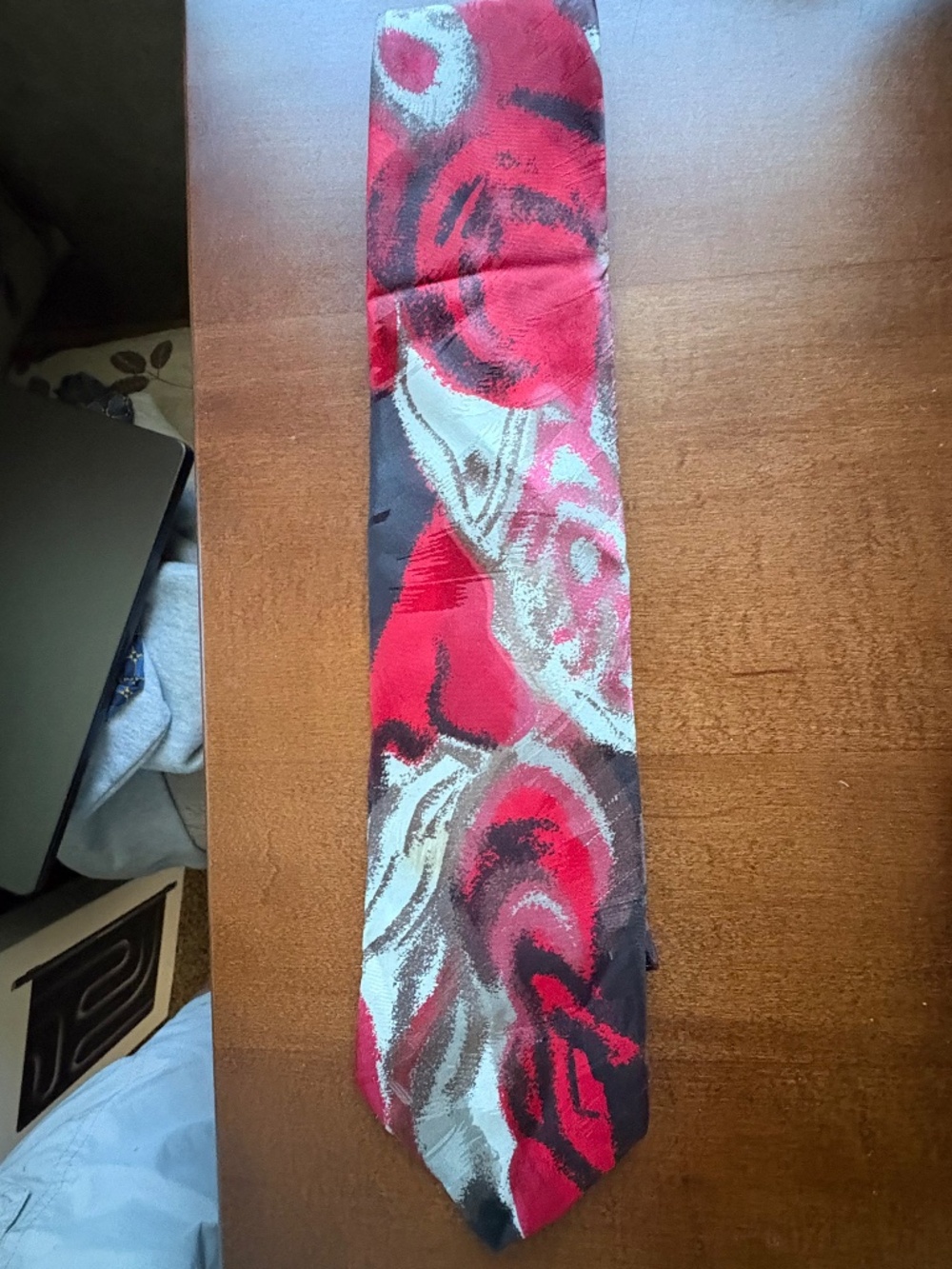 Vtg Pierre Balmain Men's 100% Silk Abstract Red/Gray/Black Tie